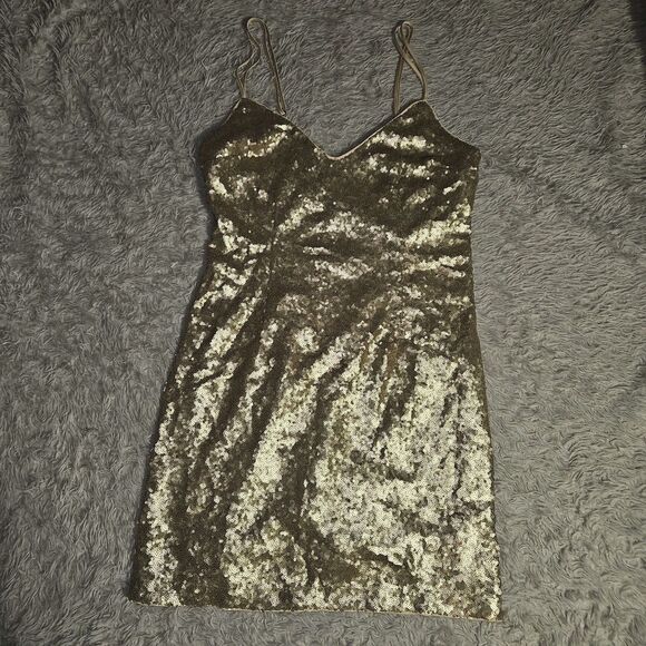 Abercrombie & Fitch Dresses & Skirts - ABERCROMBIE & FITCH Medium Gold Sequin Slip Mini Dress Y2k NYE Glam Chic Preppy